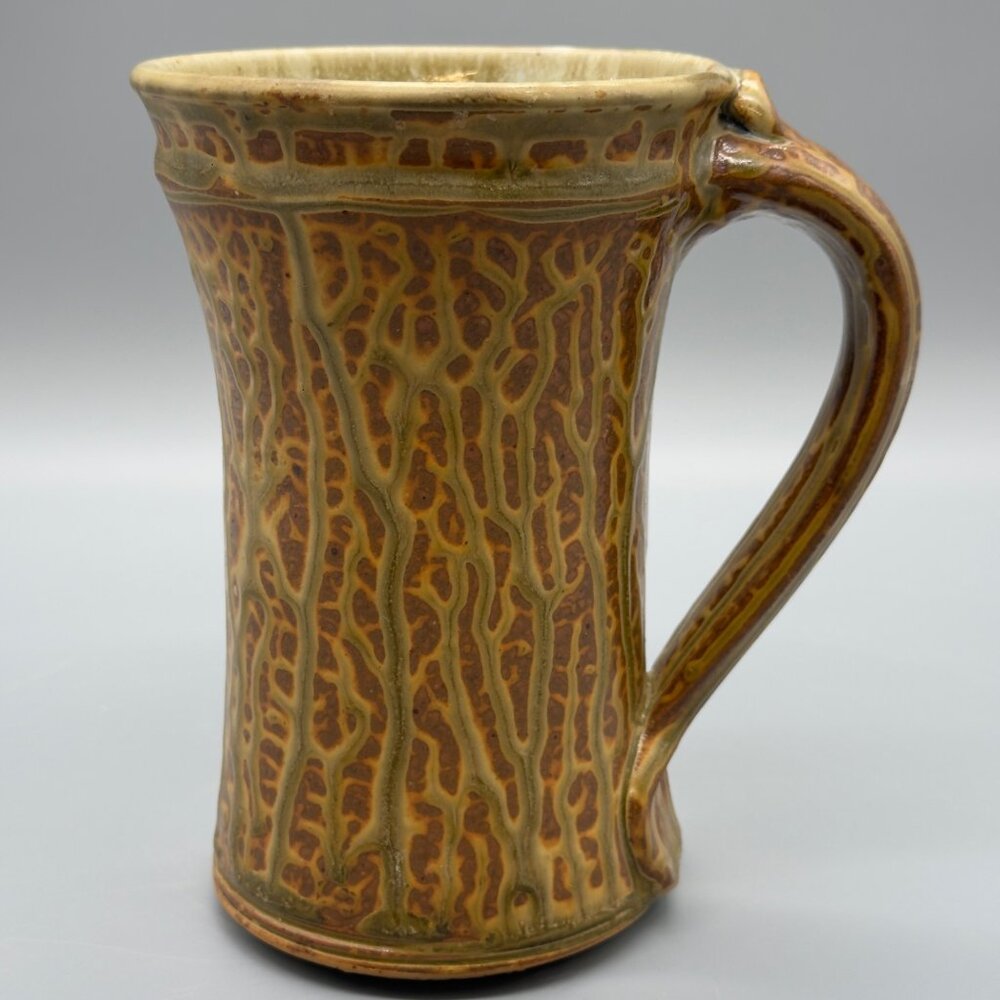Handmade Studio Pottery Large Mug Textured Bark Glaze Artisan Stoneware 16oz